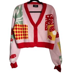 Cider Pink Red Multicolor Mushroom Patchwork Cardigan